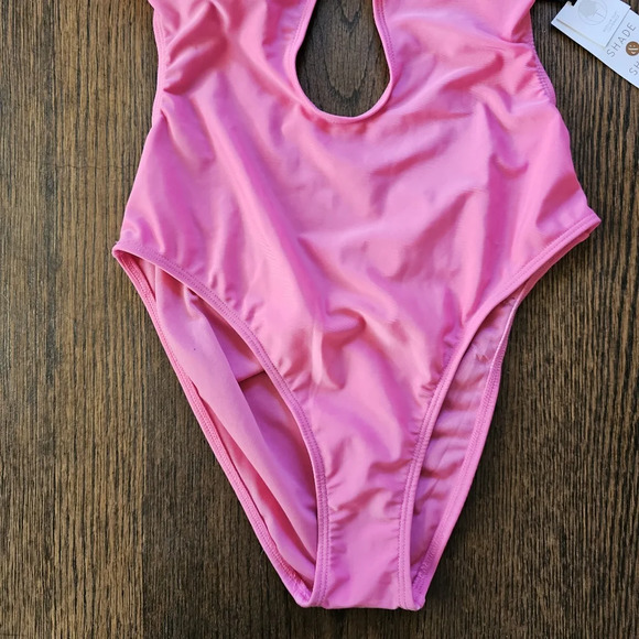 Shade & Shore Pink Tie-Front Plunge One Piece Swimsuit Size Women Small 4-6 NEW - Picture 9 of 11